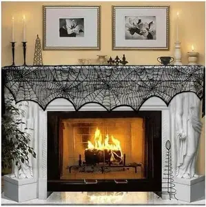 Halloween Decoration Black Lace Spiderweb Fireplace Mantle Scarf Cover Festive Party Supplies 45 X 243cm 18 x 96 inch