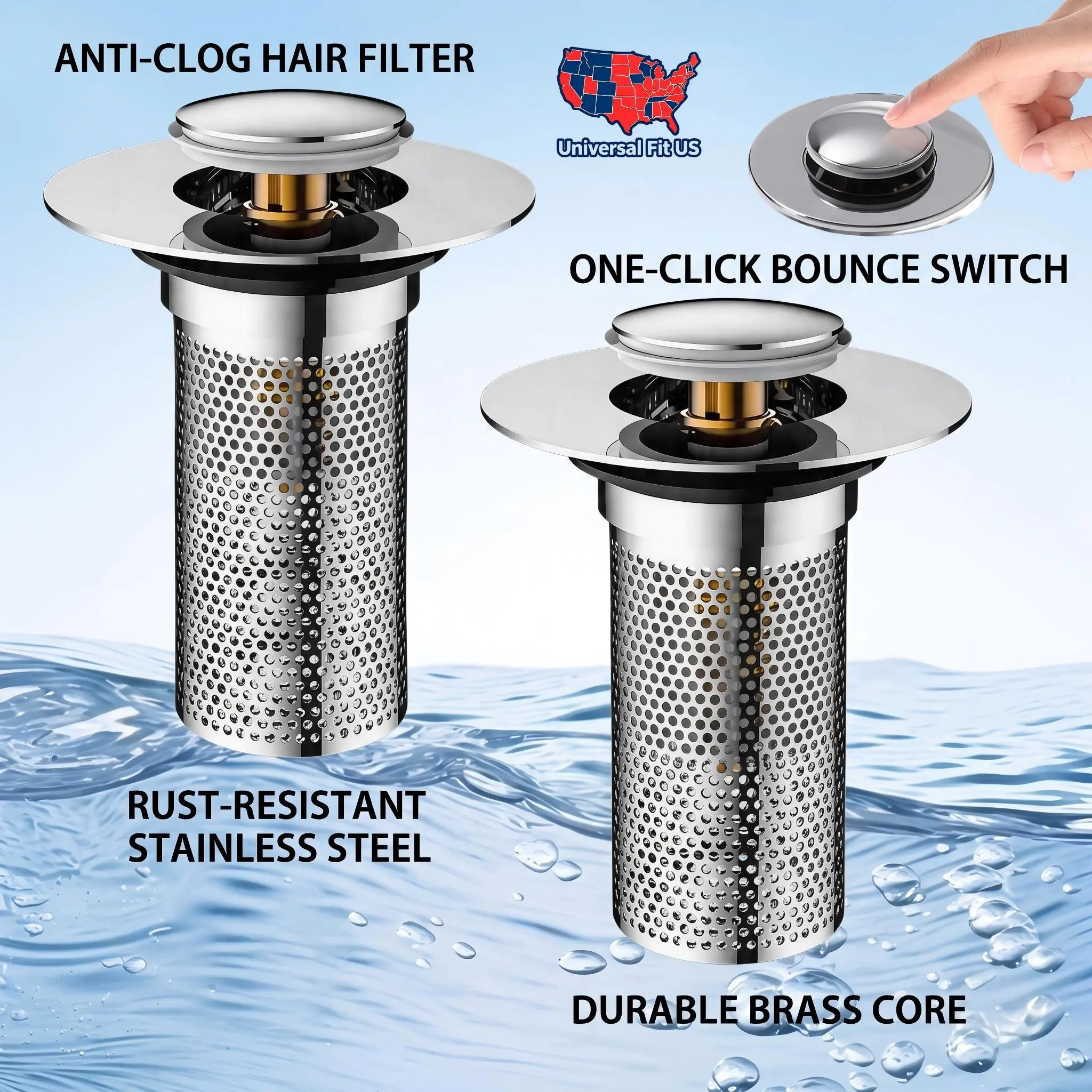 2-Pack Smooth 3-in-1 Heavy-Duty Bathroom Sink Drain Strainer Sets, Removable Thick Stainless Steel Pop-Up Stopper Hair Filter Basket, Brass Construction for US Standard Sinks (Clog Prevention, Odor-Proofing)