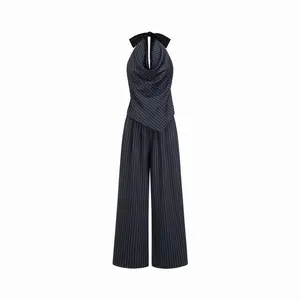 Cider Striped Cowl Neck Tie Back Wide Leg Jumpsuit