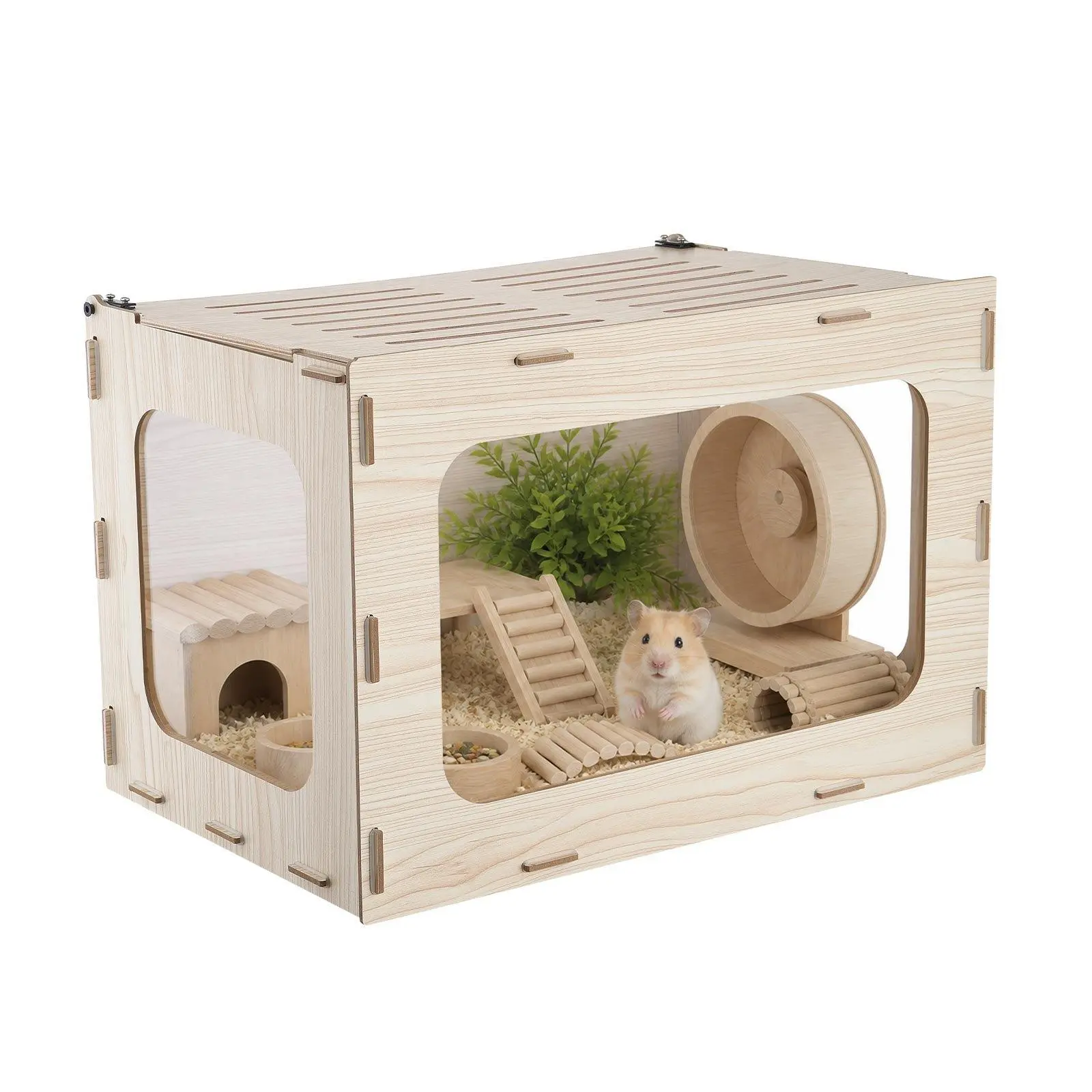 Extra Spacious 23.8x15.9x15.9 Inch Wooden Hamster Cage 2.6 Sq Ft Small Animal Habitat, 270 Degree Chewproof Clear Acrylic View Pet Enclosure with Fully Openable Top Pull Out Bottom Drawer 3 Sided Ventilation Easy Clean Pet House for Syrian Dwarf Hamsters