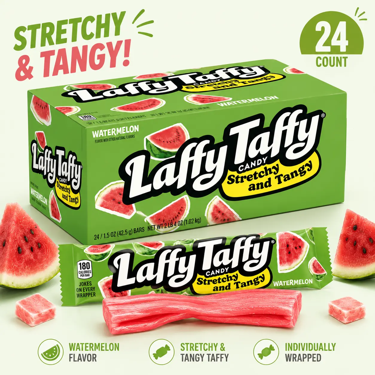 Laffy Taffy Watermelon Chewy Candy Bars 1.5 oz 24 Count  Stretchy & Tangy Fruit Candy | Individually Wrapped Party Treats
