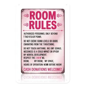 My Room Rules Tin Sign, Vintage Funny Sarcastic Home Metal Sign Print Aesthetic Room Decoration for Home Bedroom Kitchen Bar Coffee Bathroom Indoor Outdoor Wall Decor, 8 X 12 in