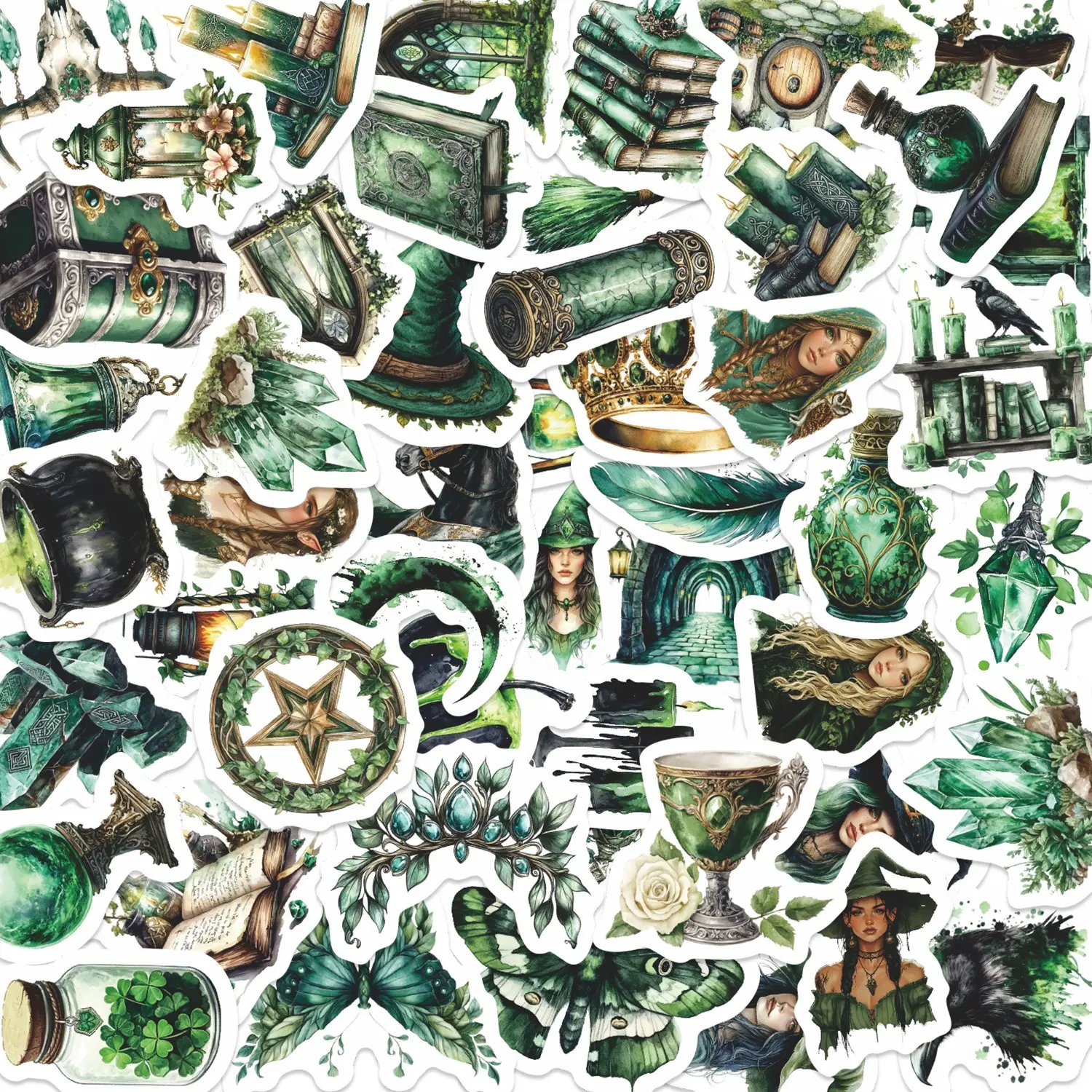 50pcs Green Witchcraft Vintage Stickers Pack, Waterproof Fantasy Magic & Botanical Decals for Laptop, Water Bottle, Journal & Scrapbook, Witchy Gift