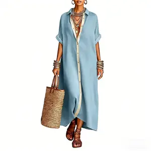 Boho Oversized Shirt Dress for Women, Contrast Trim Button Down Loose Fit Midi Dress, Soft Lightweight Breathable Summer Dress, Flowy Casual Style Ideal for Beach, Vacation, Brunch, Daily Outings & Trendy Streetwear Fashion