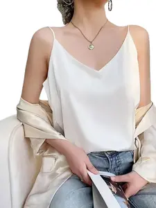 Women's Thin Strap Halter Top, Spaghetti Strap, Fitted V Neck Silk Satin Smooth Sleeveless Blouse, Basic Summer Business Casual Chic Elegance, Perfect for Dating & Travel