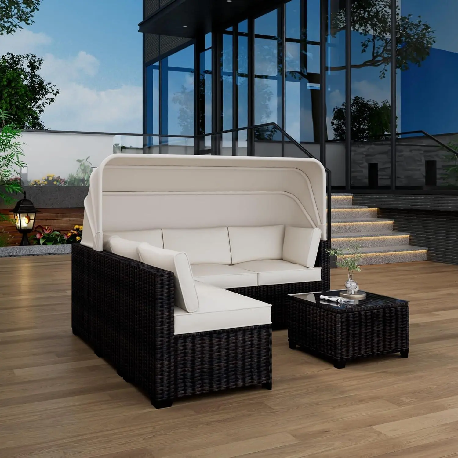 GARVEE 6 Piece Set of Outdoor Daybeds, Daybed with Retractable Canopy, Outdoor Furniture with Canopy, Out Patio Lounge Set with Adjustable Backrests, Garden Poolside Backyard,Brown&Beige