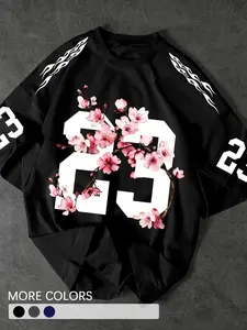 Stylish Fashion Black Tee Unisex, Floral and Number 23 Design, Soft Fabric, Fitted, Ideal for Casual and Streetwear