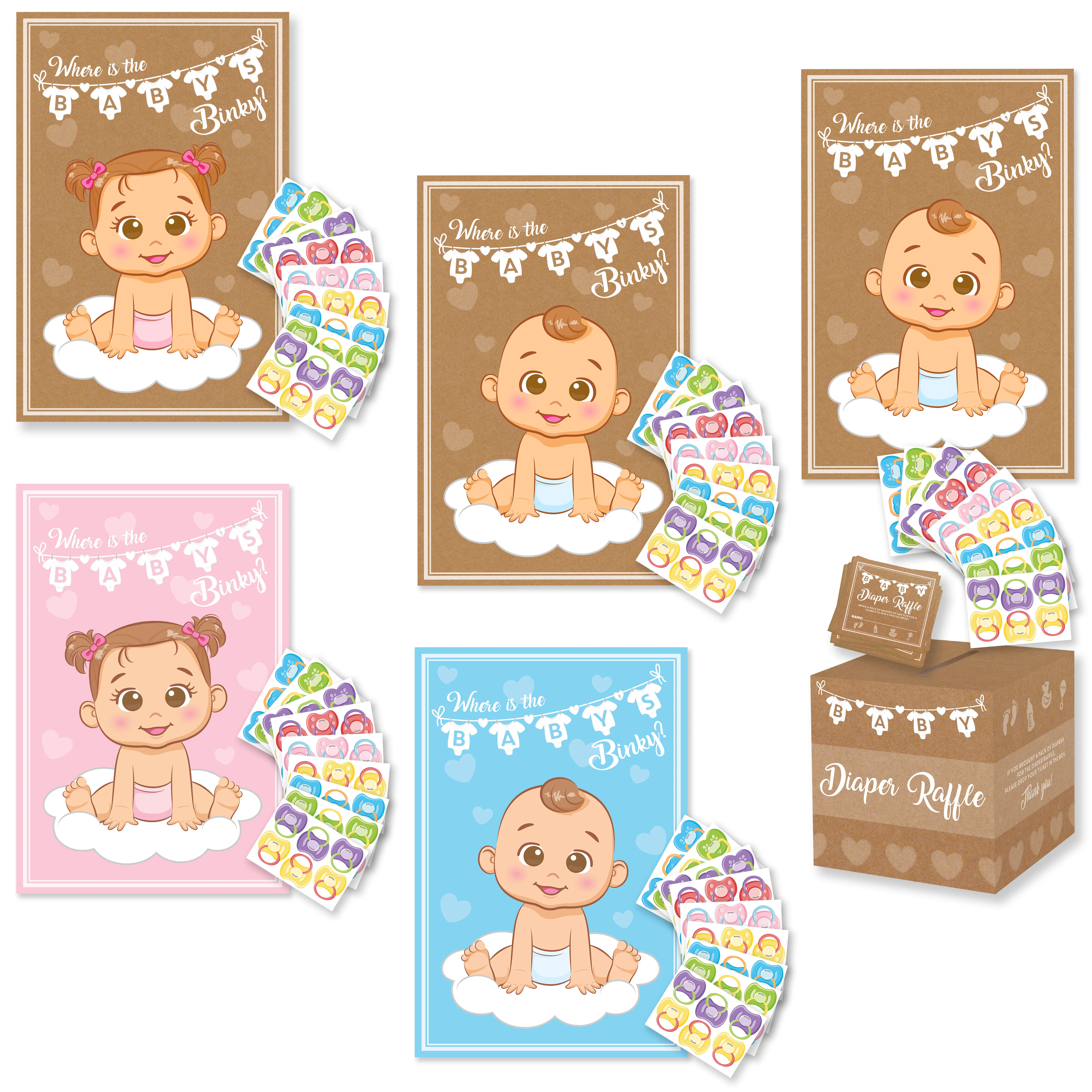 Party Hearty Funny Baby Shower Games, Pin the Pacifier on the Baby Game, Where is the Baby’s Binky, Pin the Binky on the Baby, Blue Boy, Pink Girl, Kraft Boy, Kraft Girl & Combo, Classic Party Activity, Themed Sets