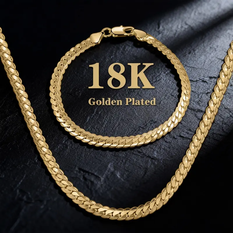 Women's Classic Cuban Link Gold Jewelry Set - 5mm 18K Gold-Plated Metal Coating Hypoallergenic Anti-Rust Stainless Steel Cuban Link Chain, 20/22/24in Bold Edge High-Shine Finish, Non-Soft Texture, Stack-Compatible, Daily Wear, Ideal Gifts
