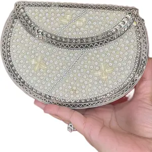 Royal Pearl Half-Moon Clutch - Elegant Beaded Design with Silver Trim and Cross Motif for Special Occasions