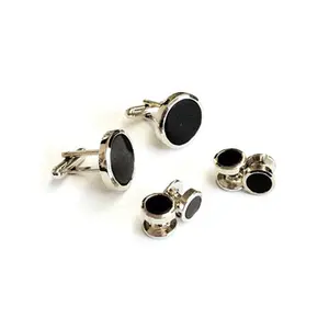 Genuine Onyx Facet Cut Edge Tuxedo Cufflinks and Studs Silver