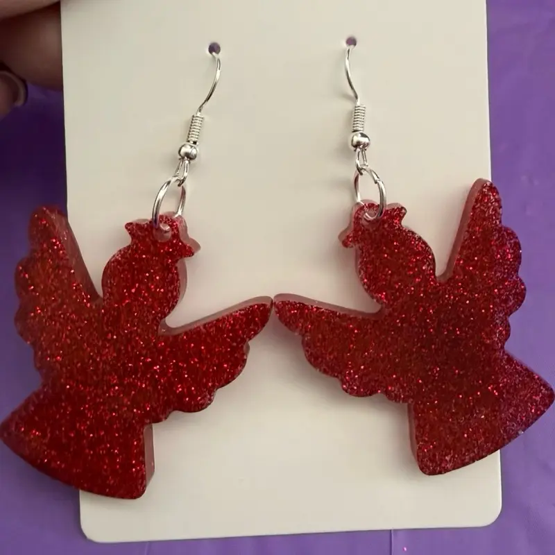 Dark Red Sparkly Resin Angel Earrings for Holidays on Silver Tone Fashion Hardware Perfect for Festive Outfits