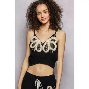POL Embroidered Fringe V-Neck Cropped Cami