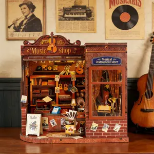 DIY Wooden Book Nook Model Kit with LED Light, Vintage Music Shop Miniature House Building Set, 3D Bookshelf Insert Puzzle for Adults and Teens, Creative DIY Gift