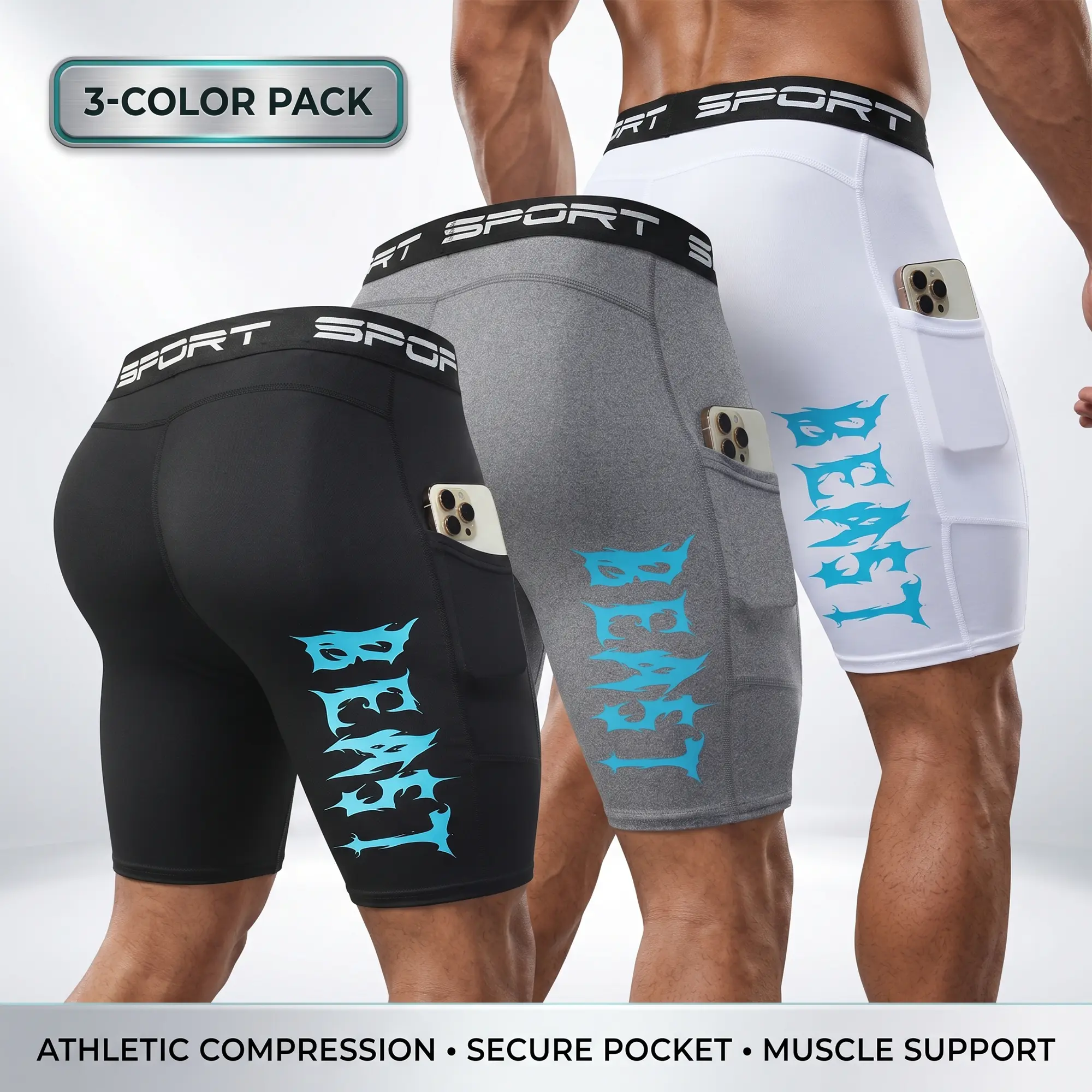 3-Pack Men's Athletic Compression Shorts with Secure Phone Pocket