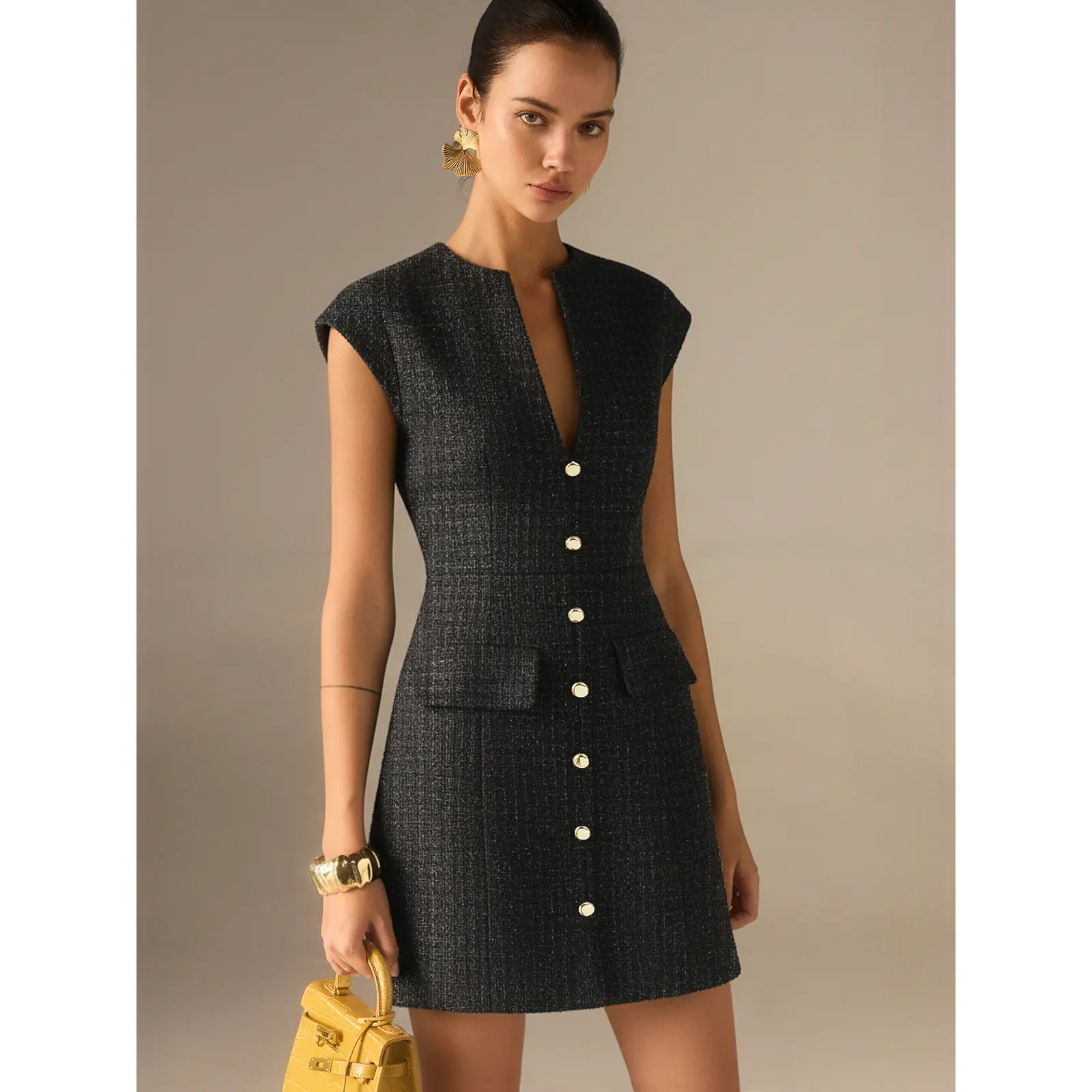 Metal Button Tweed Sleeveless Mini Dress