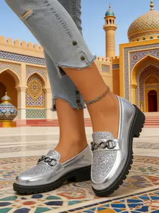 Women's Thick Sole Loafers, Comfortable Slip-On Shoes with Rhinestone Decor, Multi-Scene Wear PU Leather Sneakers