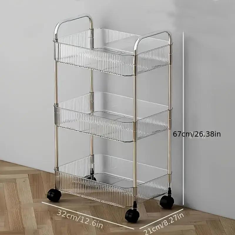 Portable 3-Tier Rolling Acrylic Makeup Cart Transparent Multi-Layer Storage Organizer for Bathroom Living Room