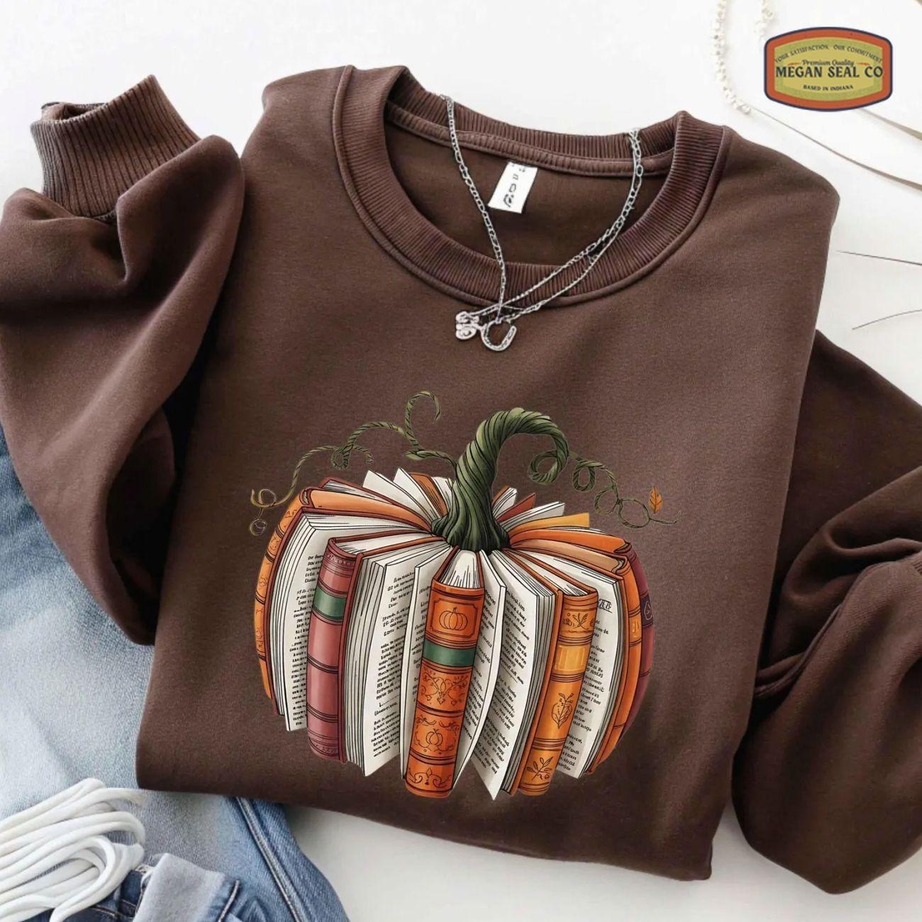 Fall Book Pumpkin Sweatshirt, Thanksgiving Book Reader Sweater, Fall Bookish Crewneck, Pumpkin Book T-Shirt, Pumpkin Sweater, Fall Gift Gift For Librarian Teacher, Unisex Womenswear Graphic Crewneck BKO