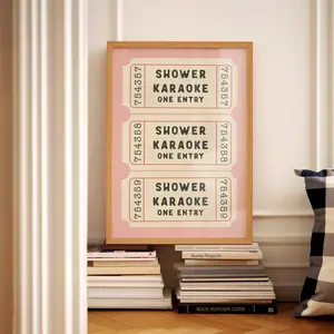 Shower Karaoke Ticket Print Bathroom Retro Pink Cream Aesthetic Shower Singing Funny Wall Art Vintage Trendy Home Decor