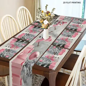 2D flat printing, 1 piece/4 pieces/6 pieces/5 pieces set/7 pieces set, Christmas placemat table flag set, Christmas snow scene pink ball element design for living room, kitchen, dining room, birthday party, carnival party, scene decoration