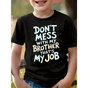 1pc Kid-Friendly Cute Boys' T-Shirt - "Don't Mess with My Brother" Slogan Print, Casual Short Sleeve Crew Neck, Comfort Fit Kids' Top, Machine Washable All-Season Wear, Kid-Friendly Boys' T-Shirts, Cute Boys' T-Shirts