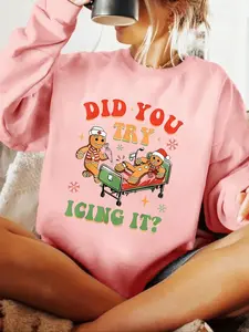 Women's Gingerbread Man & Letter Print Crew Neck Sweatshirt, Casual Long Sleeve Pullover for Fall & Winter, Women's Clothes for Daily Wear