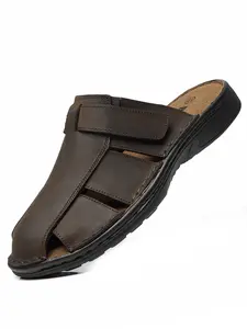 Men’s PU-Enhanced Top-Grade Cowhide Leather Round Toe Slip-On Open-Toe Slides - Outdoor Casual Athletic Footwear, Men’s Shoe for Indoor & Outdoor Leisure Use