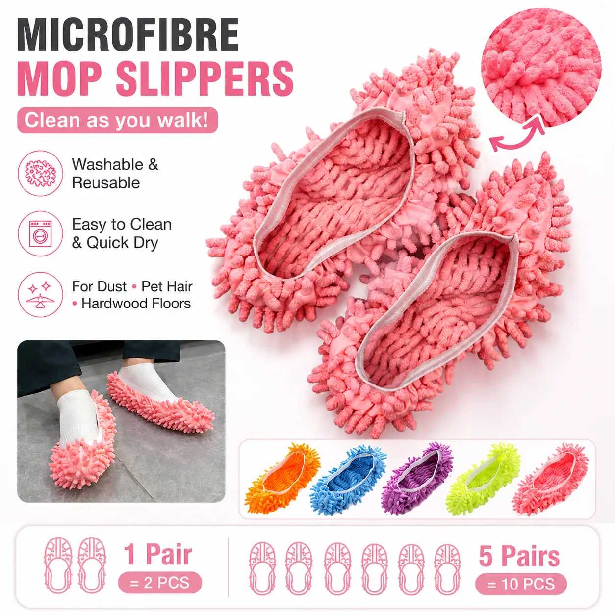 [1 Pair/5 Pairs] Microfibre Mop Slippers Set, Water Absorbent Washable Reusable Shoe Covers for Hardwood Floor Pet Hair Dusting, Lazy Home Care Footwear (2/10 PCS)