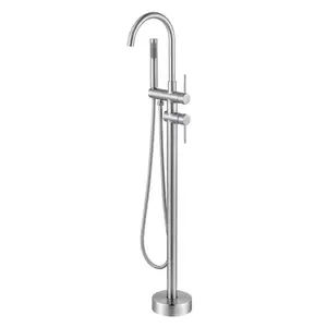WOWOW Vintage Brushed Nickel Brass Floor-Mount Bathtub Faucet Set - Complete Bathroom Tap Fixture with Adjustable Handheld Shower Head and Shower System, Adjustable Hand Shower