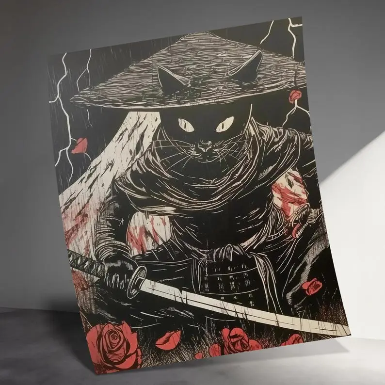 Samurai Cat Posters, Ninja Cat Wall Art, Dark Warrior Feline Print, Funny Japanese Inspired Poster, Unique Pet Illustration Decor