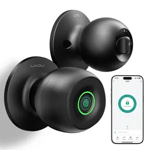 LNDU D500 Smart Fingerprint Door Knob with APP Control, Biometric Keyless Entrance Door Lock with 3 Modes (Privacy/Passage/Auto-Lock), 0.3s Fast Unlock, 100 Fingerprints, Type-C Emergency Charge for Bedroom, Office, Home