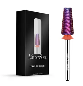 MelodySusie Professional 5 in 1 Nail Drill Bits, 3/32'' Carbide Tungsten Multi-function, Suitable for Manicure Pedicure Cuticle Gel Polishing, Purple, Fine