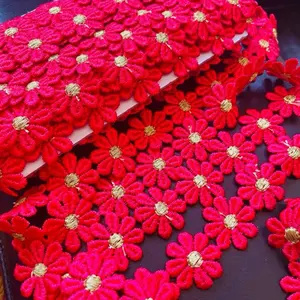 Red Daisy Flower Lace Trim with Gold Center 2 Yards Floral Embroidered Sewing Trim 1 Inch Width for Crafting Projects