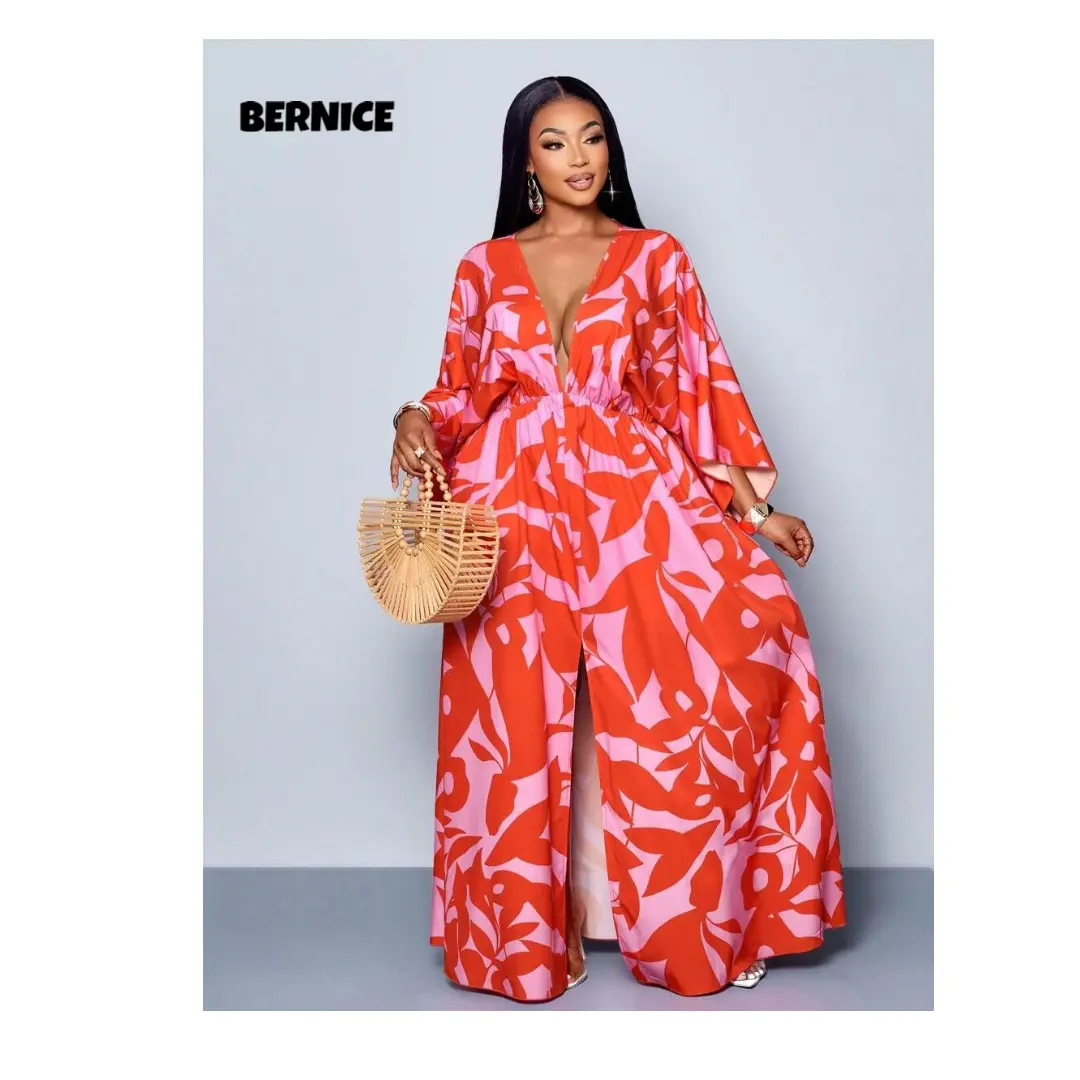BERNICE Women's Floral Print Deep V-Neck Kaftan Maxi Dress – Kimono Sleeve High-Slit Front Flowy Long Vacation Beach Resort Dress