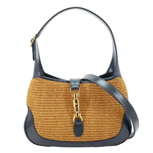 Pre-owned GUCCI Raffia Straw and Leather Shoulder Bags Jackie 1961 Small Raffia Straw Lux Shoulder Bag Navy Blue 636706