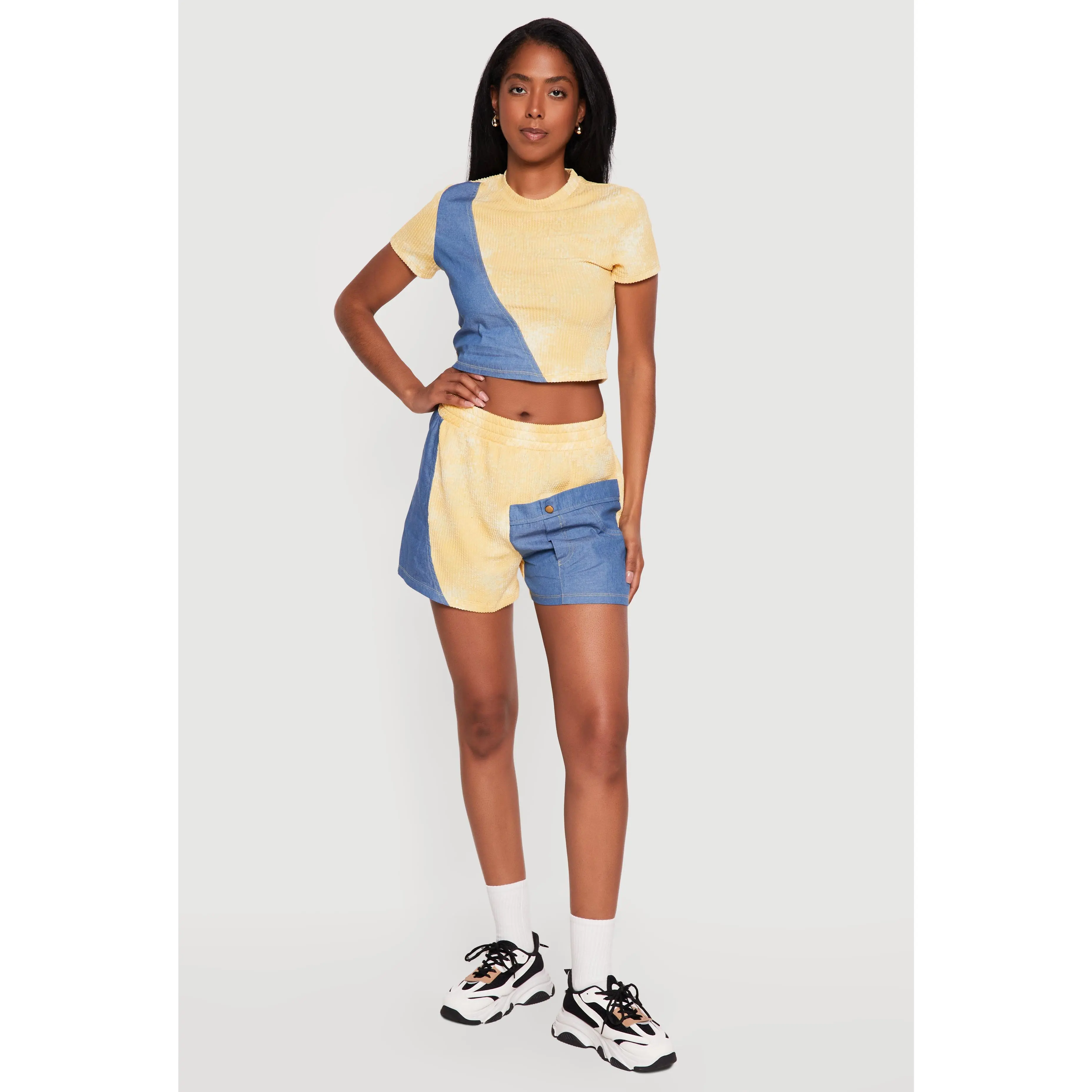 Ribbed Knit Acid Wash Shorts with Chambray Detail