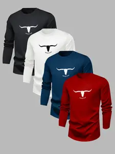 Men's Classic 4-Piece Set Letter Cow Bull Print Casual Long Sleeve T-Shirts, Fitted Polyester Knit Tops for Fall & Winter, Versatile Basic Tees