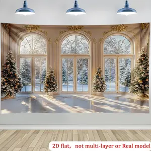 French Palace Winter Backdrop – Gilded Arch Windows, Snowy Scene & Decorated Christmas Trees, Perfect for Luxury Winter Decor & French-Themed Events, Brings Elegant Serene Vibe, A Sophisticated Winter Gift, 2D Print new year photography