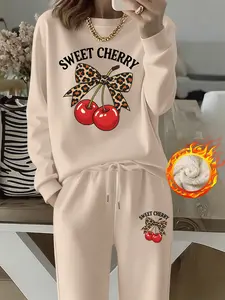 Women's Casual Sweatshirt Set, Sweet Cherry Print, Leopard Bow Design, Long Sleeve Pullover & Pants Two-Piece