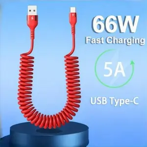 5A 66W USB to Type-C Fast Charging Data Cable - Compatible with Xiaomi, Redmi, POCO, Huawei, Honor, OPPO, VIVO, Realme. Spring Telescopic Retractable USB-C Cord, Max Stretch 150cm/59.06inch, for Mobile Phone Charger & Car USB Charging Accessories