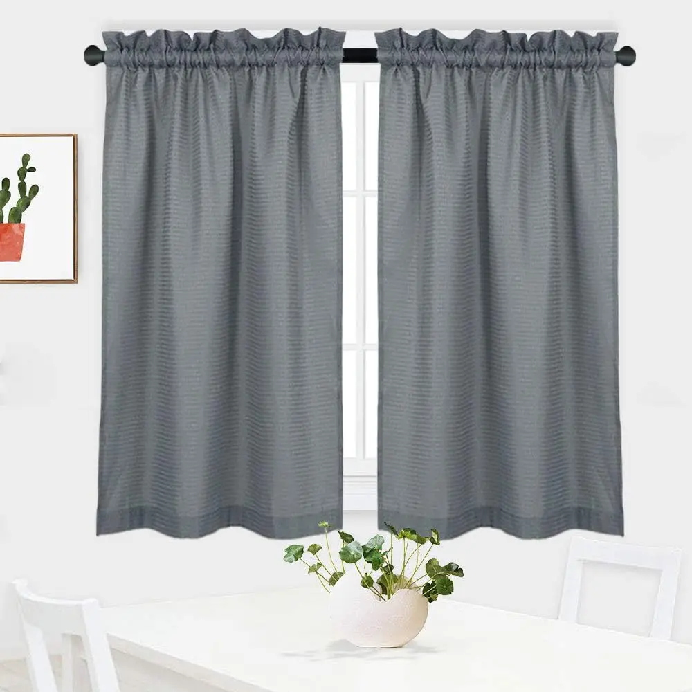 Waffle Woven Textured Short Curtains - Waterproof Window Coverings for Kitchen, Bathroom, 30"x54", Grey, Set of 2