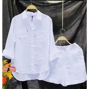 Fashion White Long Sleeve Women Shirts And Shorts Two Piece Sets Summer Pocket Casual Home 2 Piece Set For Women Outfit Clothes Baggy