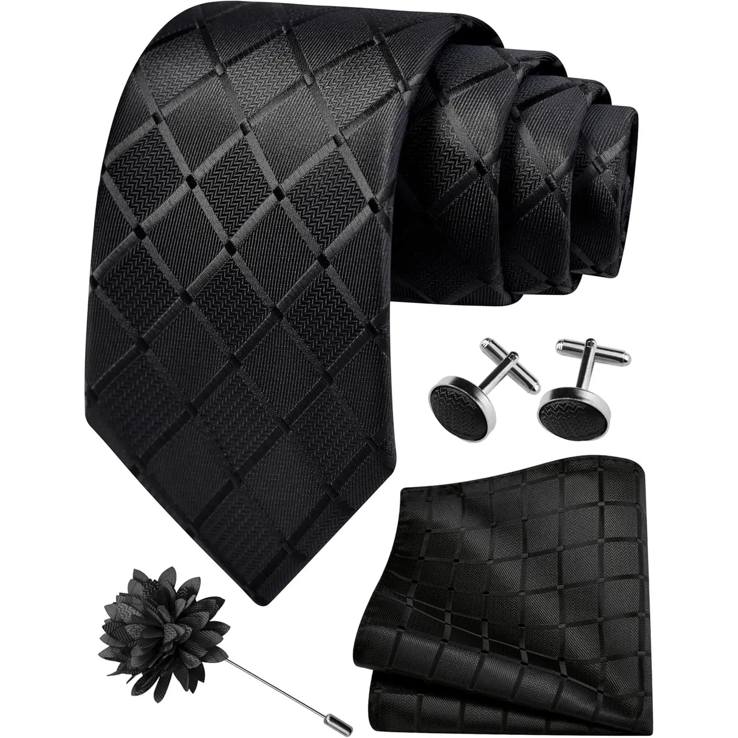 3.15"(8cm) Mens Tie and Lapel Pin Plaid Checkered Necktie Hankerchief Cufflinks Set for Men