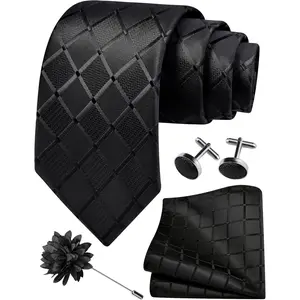 3.15"(8cm) Mens Tie and Lapel Pin Plaid Checkered Necktie Hankerchief Cufflinks Set for Men