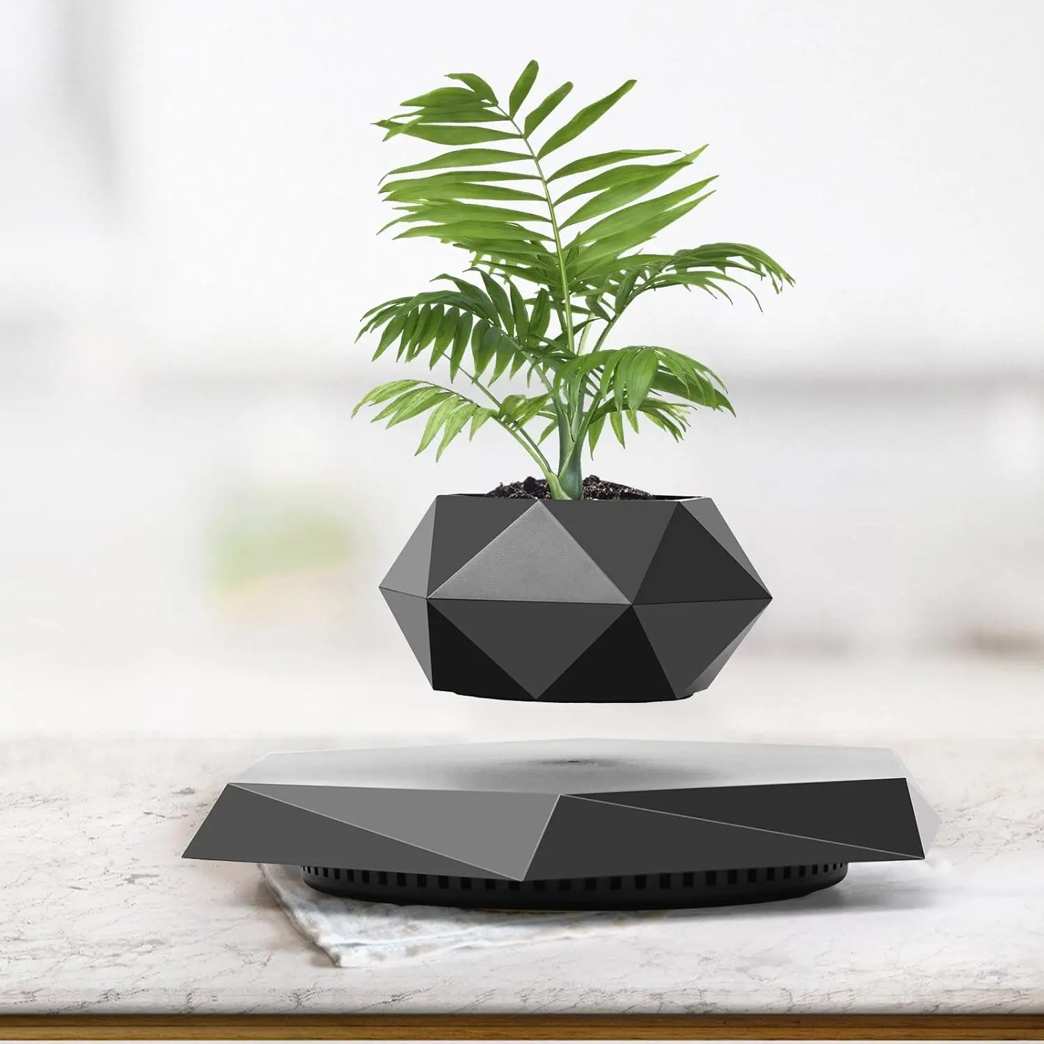 Levitating Pot, Magnetic Levitation Pot Suspension Floating Succulents, Air Bonsai Potted for Home Decoration, Living Room, Office, Desk (Black)
