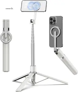 68" Magnetic Selfie Stick Tripod with Aluminum Strong Magnetic Holder for Magsafe, 360° Rotatable Travel Phone Tripod Stand with Metal Ring & Rechargeable Remote for Iphone/Android(Beige Gray)