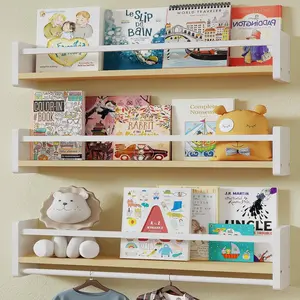 MXCSE Nursery Floating Bookshelf for Kids, Wall Mounted Kids Book Shelf with Toy Storage, Pine Wood Nursery Shelves for Playroom, Bedroom, Toddler Room, Set of 3 (White & Wooden, 16 in)