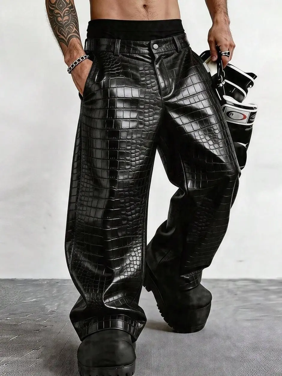 Jeans pants for men - Men's Crocodile Embossed Cargo Pants, Loose Fit Wide Leg Faux Leather Trousers for Streetwear summer clothing trending clothing trending clothes men's pants pants for men vacation outfits summer outfits jeans for men going out outfit