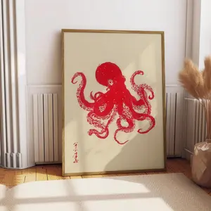 Vintage Red Octopus Poster, Japanese Wall Art Print, Trendy Wall Print, Vibrant Aesthetic Wall Art, Japanese Print, Octopus Wall Decor